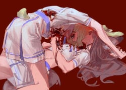 2girls absurdres all_fours animal_ears ave_mujica_(bang_dream!) bang_dream! bang_dream!_it's_mygo!!!!! blood blood_from_mouth blood_on_clothes blood_on_face commentary_request dagger guro highres holding holding_dagger holding_knife holding_weapon injury invisible_floor knife midriff multiple_girls nagasaki_soyo rabbit_ears rabbit_girl rabbit_tail red_background shirt simple_background skirt stab tail wakaba_mutsumi weapon white_shirt white_skirt yuan_shuang