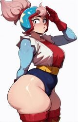 1girl 1girls ai_generated ass big_ass big_ass_(female) black_eyes brawl_stars breasts clothing female female_focus female_only gloves helmet janet_(brawl_stars) leotard long_sleeves mrnails pink_hair shirt side_view solo solo_female thick_thighs thigh_boots white_background