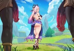 1girl2boys 1girls 2boys 2boys1girl ai_generated bare_ass blue_eyes churlbaitqueen churled citlali_(genshin_impact) dark-skinned_male from_behind genshin_impact hanging_penis high_heels hilichurls_(species) huge_cock interracial large_ass looking_back mature_female multicolored_hair outdoors pink_hair provocative purple_hair seducing seductive straight taunting teasing