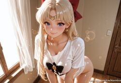1girl ai_generated bangs blonde_hair blue_eyes blush bottomless bow breasts circlet cleavage closed_mouth collarbone covered_nipples curtains door earrings hair_bow heart indoors jewelry kermixx large_breasts leaning_forward long_hair looking_at_viewer parted_bangs patreon_username red_bow sailor_moon sailor_venus shirt short_sleeves smile solo watermark web_address wet wet_clothes white_shirt window