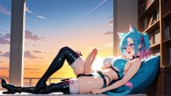 absurdres ai_art ai_generated animal_ear_fluff animal_ears artist:konekofuta bangs bare_arms bare_shoulders belt belt_collar bikini black_belt black_choker black_collar black_footwear blue_eyes blush book boots breasts cat_ears cat_girl cat_tail catgirl character:koneko choker cleavage collar covered_nipples crop_top crotchless detailed detailed_background dickgirl dusk ear_fluff erection eyelashes eyeshadow fang from_side full-face_blush full_body futa futanari hair_between_eyes hair_ornament hair_ribbon high_heel_boots high_heels highleg indie_virtual_youtuber knee_up large_breasts large_penis lighting lips looking_at_viewer micro_shorts midriff multicolored_hair navel on_back on_bed open_mouth panties penis pink_hair ponytail revealing_clothes shiny_clothes shiny_skin shirt short_shorts shorts sidelocks skindentation skinny skinny_futa sleeveless slim slim_waist smile solo stomach sunrise sunset tail taut_clothes testicles thigh_boots thighhighs thighhighs_under_boots thighs two-tone_hair x_hair_ornament