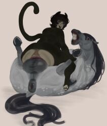 1boy 1girls anal anal_sex back_view backboob black_body black_fur black_hair black_lipstick cat_ears catgirl chubby_female feral feral_on_female feral_penetrating girl_on_top horse horsecock large_ass large_breasts leg_grab oc original original_character riding_penis short_hair stinkshanoalova
