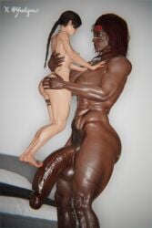 3d carrying_partner dawn_(enemystand) female futanari huge_balls huge_penis huge_size_difference lara_croft muscular_futa pubic_hair size_difference standing_on_penis tomb_raider veiny veiny_body yeetiques