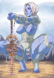 1girls big_breasts blue_skin breasts female female_only kyaputenu laxasia_the_complete lies_of_p nipples pussy pussy_juice solo squatting sword wet_pussy white_hair