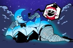 big_ass big_breasts blue_skin caine_(the_amazing_digital_circus) fishnets glitch_productions gloves minusbrush moon_(the_amazing_digital_circus) the_amazing_digital_circus