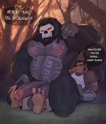 2boys anthro big_penis dialogue english_text from_behind gay human human_on_anthro male male/male male_only muscular muscular_male penetration razzper sex size_difference small_dom_big_sub smaller_male text