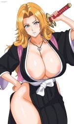 1girl absurdres areola_slip areolae artist_name between_breasts big_breasts black_kimono bleach breasts commentary eclyart eclypse grey_eyes hand_on_own_hip highres holding holding_sword holding_weapon japanese_clothes katana kimono large_breasts long_sleeves looking_at_viewer matsumoto_rangiku mole mole_under_mouth parted_lips simple_background solo sword thighs weapon white_background