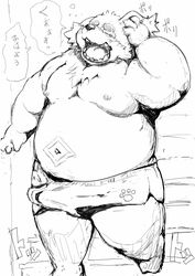 boxers_(clothing) canine clothing cusith erection hachirouta8 japanese_text male male_only mammal moobs morning_wood navel nipples open_mouth slightly_chubby solo tenting text tokyo_afterschool_summoners underwear yawn