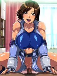 abs bare_shoulders belt blue_sports_bra blush breasts brown_hair censored clothed_female_nude_male cowgirl_position day elbow_pads erect_nipples female fingerless_gloves gloves groin happy happy_sex highres huge_breasts jacket jumpsuit kazama_asuka large_breasts legs looking_at_viewer lying mosaic_censoring muscular_female navel no_panties nude open_clothes open_jacket open_mouth orange_eyes penis pov pov_eye_contact puffy_areolae puffy_nipples pussy raburebo sex short_hair sitting sitting_on_person smile solo_focus sports_bra straddling tekken thick_thighs thighs toned unzipped vaginal_penetration waguchi_shouka window