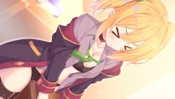 >_< 1girl aria_(koiiroharemoyou) black_bra black_choker black_coat black_panties blonde_hair blurry blurry_background blush bra breasts brown_thighhighs cameltoe chloe_(princess_connect!) choker cleavage closed_eyes closed_mouth coat collarbone collared_shirt commentary commission cowboy_shot crotch_rub depth_of_field dress_shirt dutch_angle elf female_masturbation green_necktie grey_shirt hair_between_eyes hood hood_down hooded_coat indoors long_sleeves masturbation medium_breasts necktie open_clothes open_coat open_shirt paid_reward_available panties pointy_ears princess_connect! school_uniform shirt skeb_commission solo st._theresa's_girls_academy_school_uniform sweatdrop table_humping thighhighs twintails underwear v-shaped_eyebrows variant_set wavy_mouth