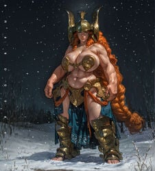 ai_generated amandovakinai armor big_breasts dwarf_female long_hair muscular_female orange_hair toned_female total_war:_warhammer warrior