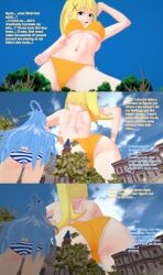 2girls 3d aqua_(konosuba) ass bikini blonde_hair blue_hair darkness_(konosuba) english_text female giantess huge_ass koikatsu kono_subarashii_sekai_ni_shukufuku_wo! konosuba looming swimsuit text unaware xavierhuge yellow_hair