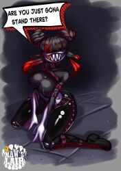 2d_(artwork) black_hair dialogue goth kneeling latex leather maw_(mawslair) maws_lair monster_girl self_upload