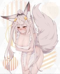 1girl ahoge alternate_body_type bandaid_on_nose bare_ass blushing d-pad_hair_ornament ear_fluff fox_ears fox_girl fox_tail german_vtuber lewdtuber milf_body naked_apron naked_female pierced_ears shirahiko_(vtuber) thick_eyebrows twintails vtuber vtuberfanart yellow_eyes