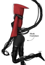 1girls adeptus_mechanicus arrow_pointing_to_ass arrow_pointing_to_butt artist_signature augmentation black_legwear cybernetics cyborg female latex leg_bent leg_up ltstry medium_ass nice_ass red_cloak robotic_arm side_view small_breasts solo solo_female text thighhighs warhammer_(franchise) warhammer_40k