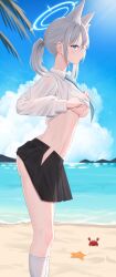 1girls :o absurdres animal_ear_fluff animal_ears ass beach black_skirt blue_archive blue_eyes blue_necktie blush breasts clothes_lift crab day earrings feet_out_of_frame female female_focus female_only from_side grey_hair hair_bobbles hair_ornament hair_over_one_eye halo highres hiyayo25 jewelry long_bangs looking_at_viewer medium_breasts medium_hair necktie ocean outdoors palm_leaf plaid_clothes plaid_skirt ponytail sand see-through_clothes shiroko_(blue_archive) shirt shirt_lift shy sideboob skirt socks solo standing starfish sweat thighs tied_hair underboob undressing wet wet_clothes wet_hair wet_skirt white_shirt white_socks