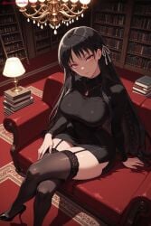 1girl ai_generated bangs black_dress black_footwear black_hair black_legwear black_skirt book bookshelf breasts chair classroom_of_the_elite crossed_legs garter_straps hi_res high_heels high_quality high_resolution horikita_suzune indoors jewelry kiraamane large_breasts long_hair long_sleeves looking_at_viewer necklace patreon red_eyes seductive sexy sitting skirt solo thighhighs uncensored watermark