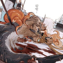 3boys bleeding blood blush boat bound bound_arms brown_eyes chinese_commentary clenched_teeth commentary_request dark-skinned_male dark_skin erection fins full_body furrowed_brow gag gagged gills head_fins highres improvised_gag injury looking_at_viewer lying male_focus merfolk merman monster_boy multiple_boys notchi18 ocean octopus on_side original outdoors penis precum rope scar scars_all_over shark_boy short_hair solo_focus stab teeth toned toned_male translation_request water watercraft white_hair