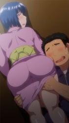 1boy 1girls 2d ass back_view big_ass big_butt blue_eyes blue_hair butt fat_ass fat_butt female hentai hentai_series huge_ass huge_butt indoors inkou_kyoushi_no_saimin_seikatsu_shidouroku kimono licking licking_penis light-skinned_female light_skin male pale-skinned_female pale_skin round_ass round_butt screencap screenshot short_hair standing stitched sweat sweatdrop t-rex_(animation_studio) tachibana_yayoi_(inkou_kyoushi) thick_ass thick_butt thigh_grab thighs