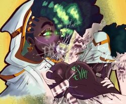 2xko african_female anal bleached blowjob blowjob_face cloak dark-skinned_female ebony gangbang grandarcch green_eyes heart_symbol interracial kiss_mark league_of_legends lips pale-skinned_male qoh qoh_tattoo senna_(league_of_legends) vaginal_penetration