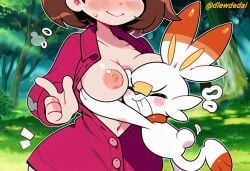 1boy 1girls ai_assisted ai_generated dlewdedai face_against_breast gloria_(pokemon) hugging male pokemon pokemon_ss pokephilia scorbunny smaller