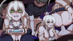 1boy 1girl :3 :d @_@ ahoge ass bare_shoulders between_breasts black_hair black_shirt black_skirt black_thighhighs breasts bright_pupils brown_cardigan cardigan censored checkered_necktie clothed_sex clothes_between_breasts clothes_lift commentary controller cowboy_shot cum cum_in_pussy doggystyle english_commentary eyelashes faceless faceless_male furrowed_brow game_controller green_eyes grey_hair haiyore!_nyaruko-san hand_on_own_ass hetero highres holding holding_controller holding_game_controller huge_ahoge large_breasts long_hair looking_ahead looking_at_viewer lower_body miniskirt mosaic_censoring motion_lines multiple_views navel necktie necktie_between_breasts nipples no_panties nose nyarlathotep_(nyaruko-san) open_cardigan open_clothes open_mouth orphen_(pink_seito) penis plaid_clothes plaid_skirt playing_games playing_video_games pleated_skirt pov pov_crotch sex sex_from_behind shaded_face shirt short_hair short_sleeves sidelocks skirt skirt_lift smile solo_focus thighhighs top-down_bottom-up tsurime twitter_username v-shaped_eyebrows vaginal white_pupils