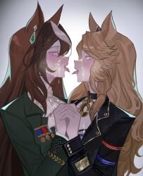 2girls absurdres after_kiss aiguillette animal_ears black_jacket blonde_hair blue_eyes blush brown_hair commentary_request cum cum_on_body ear_ornament facial gold_city_(authentic/1928)_(umamusume) gold_city_(umamusume) green_jacket hair_between_eyes hasegawamorito highres holding_hands horse_ears horse_girl jacket long_hair long_sleeves looking_at_viewer meal medal multicolored_hair multiple_girls purple_eyes saliva saliva_trail shirt sideways_glance simple_background simulated_bukkake streaked_hair suggestive_fluid symboli_rudolf_(emperor's_path)_(umamusume) symboli_rudolf_(umamusume) tongue tongue_out umamusume white_hair yuri