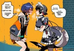 2girls ai_generated belle_(zenless_zone_zero) black_hair blue_hair blush crossed_arms ellen_joe english_text fish_tail jacket looking_at_another maid maid_headdress multicolored_hair multiple_girls pantyhose red_eyes short_hair tail thighhighs tillian trembling yuri zenless_zone_zero