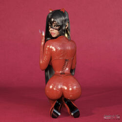 3d black_hair cat_suit claws corset earrings high_heels kneeling latex long_hair mask red_background shadow23d