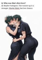 canon_couple closed_eyes dark_clothing french_kiss french_kissing green_eyes green_hair half-closed_eyes hug hugging incest jujutsu_kaisen kissing making_out saliva saliva_trail shonen_jump sister sisters sisters_(lore) tongue tongue_kiss zenin_mai zenin_maki