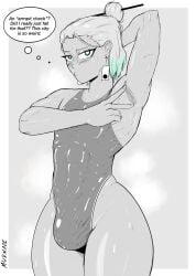 1boy 1femboy 2d 2d_(artwork) 2d_artwork abs arm_up armpit_crease armpit_fetish armpits blushing bulge bulge_through_clothing curvaceous curvaceous_figure curvy_femboy earrings erection eyelashes femboy fit_femboy hair_up hairbun hairpin hips_wider_than_shoulders monochrome mudnade muscular nervous otoko_no_ko quinn_kiyotaka_(mudnade) simple_background spreading_armpit sweat swimsuit text_bubble thick_thighs thighs toned_body trap triceps two-tone_hair