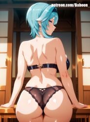 1girls ai_generated ass ass_focus big_ass big_breasts breasts eula_(genshin_impact) female female_only genshin_impact huge_breasts light-skinned_female looking_at_viewer panties self_upload short_hair solo standing
