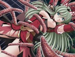 1girl 2000s_(style) aqua_eyes arms_up blue_eyes breasts dutch_angle elbow_gloves elixir_rose game_asset gloves grabbed_by_tentacles green_eyes green_hair kagashima_itsuki large_breasts long_hair magical_girl mahou_senshi_(series) mahou_senshi_elixir_knights night nipples non-web_source official_art outdoors panties restrained ribbon saitou_natsuki self-datamine solo tentacles torn_clothes underwear variant_set visual_novel_cg yellow_panties