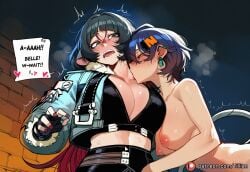 2girls ai_generated belle_(zenless_zone_zero) black_hair blue_hair blush breasts clothed_female_nude_female completely_nude cropped_jacket earrings english_text gloves jane_doe_(zenless_zone_zero) jewelry large_breasts licking multiple_girls nipples nude short_hair tail tillian yuri zenless_zone_zero
