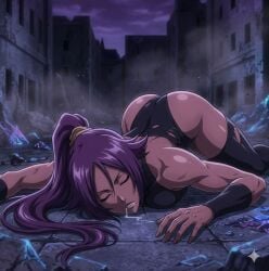 1girl 1girls ai_generated big_ass big_boobs big_breasts big_butt big_tits big_titties bleach bleach:_the_thousand-year_blood_war brown_body brown_skin curvy curvy_body curvy_female curvy_figure damaged damaged_clothes damsel_in_distress dark-skinned_female dark_skin defeated defeated_heroine eyes_closed fat_ass fat_butt female female_focus female_only gemini injured injury knocked_out large_ass large_butt long_hair muscular muscular_arms open_mouth passed_out saliva saliva_drip saliva_string saliva_trail sleeping strong_arms strong_female strong_woman tall_female thick thick_ass thick_legs thick_thighs thigh_highs thighhighs thighs tied_hair yoruichi yoruichi_shihouin