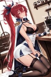 1girl ai_generated azur_lane bangs black_bra black_gloves black_legwear blush bra breasts buttons cleavage closed_mouth collarbone cup dress epaulettes garter_straps gloves hair_between_eyes hi_res high_quality high_resolution holding indoors jacket jacket_on_shoulders kiraamane kneeling large_breasts long_hair looking_at_viewer patreon ponytail red_eyes red_hair ribbon seductive sexy short_dress smile solo sword thighhighs uncensored underwear very_long_hair watermark weapon wichita_(azur_lane)