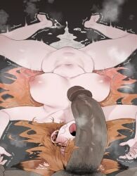 1boy 1girl absurdres after_sex animal_ear_fluff animal_ears barefoot breasts commentary_request commission completely_nude cum cum_pool dark-skinned_male dark_skin ellin_meiji erection eyewear_on_head fox_ears hetero highres korean_commentary large_breasts long_hair lying male_pubic_hair mimyo navel nipples nude on_back open_mouth orange_eyes orange_hair original penis penis_on_face penis_over_one_eye pov pubic_hair second-party_source solo_focus tongue tongue_out trembling uncensored