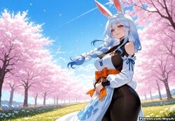 1girl ai_assisted ai_generated animal_ear_fluff animal_ears bangs bare_shoulders black_legwear blue_sky blush bow braid breasts bunny_ears bunny_tail cherry_blossoms curvaceous curvy curvy_female curvy_figure day detached_sleeves dress female fur_collar fur_trim hololive large_breasts lips long_hair looking_at_viewer mature_female milf miyuai multicolored_hair outdoors pantyhose pekomama petals sky smile solo spring_(season) tail thick thick_ass thick_butt thick_hips thick_legs thick_thighs tree usada_pekora virtual_youtuber voluptuous voluptuous_female white_hair wide_hips wide_thighs
