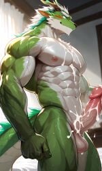 1boy abs ai_generated anthro bara buff claws cum dragon dragon_furry ears erection furry furry_dragon furry_male gay headphones hyena_ears hyena_tail looking_at_viewer male_focus muscular muscular_male nipples nude pectorals penis purple sweat tail testicles topless_male wolf wolf_boy wolf_tail yaoi