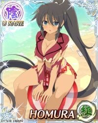 1girl :d ahoge aqua_eyes ball_(object) beach beach_ball big_breasts bikini_tan bikini_tanline black_hair border breasts busty card_(medium) character_name cleavage compressed dark-skinned_female dark_skin game_asset hair_ribbon hand_between_own_legs high_ponytail homura_(senran_kagura) ikkitousen jacket large_breasts long_hair looking_at_viewer loose_socks marvelous navel no_bra no_bra_under_clothes ocean official_art on_ball plaid_clothes plaid_skirt ponytail red_jacket red_skirt ribbon ryofu_housen ryofu_housen_(cosplay) school_uniform senran_kagura senran_kagura_new_wave sitting sitting_on_ball sitting_on_beach_ball skirt socks solo squish squishing summer tan tanline third-party_source torn_clothes torn_jacket torn_skirt very_long_hair white_ribbon
