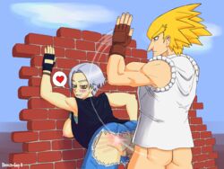 against_wall anus areolae ass bent_over blonde_hair blue_eyes blush bottomless brick_wall childhood clitoris clothed_sex couple demonguyx eyelashes female fingerless_gloves flying_dragon from_behind_position grey_hair happy_sex heart helbert hiryu_no_ken large_breasts male muscles nipple noel_(hiryu_no_ken) penis pussy ripped_pants sd_hiryu_no_ken_ex sex shirt_lift short_hair smile spank_mark spanked spanking spiky_hair straight teeth text_bubble torn_clothes torn_clothing torn_pants vaginal_penetration veiny_penis yellow_eyes