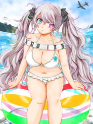 25ji_miku ball_(object) beach_ball belly_button big_breasts bikini blue_eyes busty grey_hair hatsune_miku heterochromia large_breasts plane plump plump_breasts plump_thighs project_sekai purple_eyes sea sitting sitting_on_ball sitting_on_beach_ball sky squish squishing summer thick_thighs vocaloid white_bikini