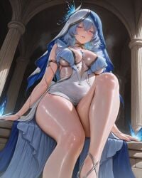1girl 1girls ai_generated big_breasts big_thighs breasts female from_below huge_thighs large_thighs legs sexy_body sexy_pose shiny_skin shorekeeper_(wuthering_waves) sitting thick_legs thick_thighs thighs uncensored wuthering_waves