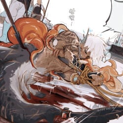 3boys bleeding blood blush boat bound bound_arms chinese_commentary clenched_teeth closed_eyes commentary_request cum dark-skinned_male dark_skin ejaculation erection fins full_body furrowed_brow gag gagged gills head_fins heavy_breathing highres improvised_gag injury lying male_focus merfolk merman monster_boy multiple_boys notchi18 ocean octopus on_side original outdoors penis rope scar scars_all_over shark_boy short_hair solo_focus stab teeth toned toned_male translation_request water watercraft white_hair