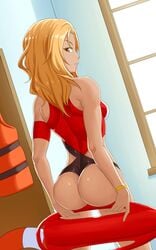 1girls ass ass_focus bare_shoulders blonde_hair booty booty_calls cowboy_shot dark_skin dutch_angle female female_only life_preserver lifesaver looking_at_viewer looking_back orange_eyes sarah_(booty_calls) solo standing