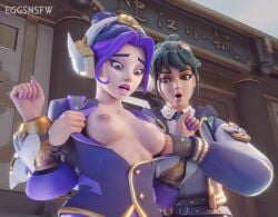 2girls 3d asian blizzard_entertainment breasts breasts_out eggsnsfw green_hair half-dressed juno_(overwatch) kiriko_(overwatch) nipples no_bra overwatch purple_hair school_uniform schoolgirl shirt_lift shirt_open shocked