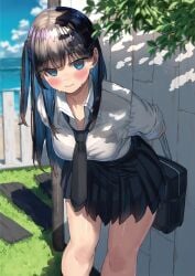 1girl absurdres arms_behind_back bag bangs beach black_bra black_hair black_skirt blue_eyes blue_hair blue_sky blunt_bangs blurry blurry_background blush bokeh bra bra_visible_through_clothes breasts closed_mouth cloud cloudy_sky collarbone collared_shirt colored_inner_hair day depth_of_field dress_shirt grass highres horizon kneehighs leaf leaning_forward long_hair looking_at_viewer melonbooks miniskirt multicolored_hair necktie ocean one_side_up original outdoors pleated_skirt ranf school_bag school_uniform shirt short_sleeves shoulder_bag sidelocks skirt sky smile socks solo tree underwear water white_shirt wing_collar