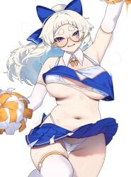 1girls 2026 2d cheerleader cheerleader_uniform female female_focus huge_breasts simple_background thick_eyebrows wakamepiza white_background white_bra white_hair white_panties
