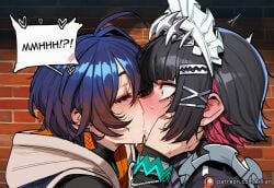 2girls ahoge ai_generated belle_(zenless_zone_zero) black_hair blue_hair blush brick_wall closed_eyes earrings ellen_joe english_text hair_ornament jewelry kiss maid maid_headdress multicolored_hair multiple_girls pink_hair short_hair surprise_kiss tillian yuri zenless_zone_zero