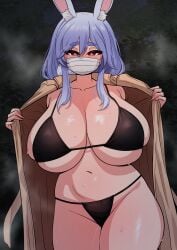 1girls animal_ears big_breasts bikini bikini_bottom bikini_top black_bikini bottomwear breasts brown_eyes bunny_ears cleavage exhibitionism face_mask female female_only hair hololive huge_breasts large_breasts light_blue_hair mature mature_female mature_woman milf mother open_coat pekomama presenting solo solo_female steam steaming_body sweat sweatdrop sweaty swimwear the_only_shoe thighs topwear